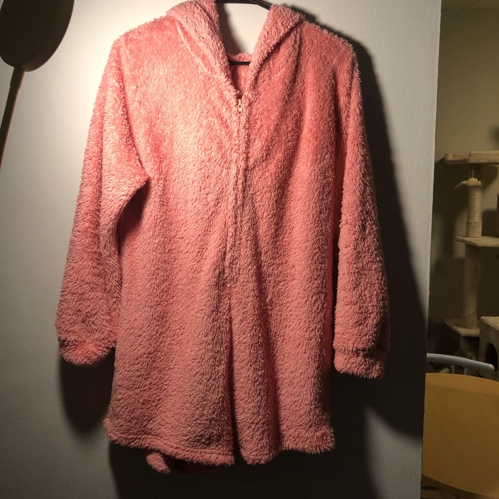 Pink fuzzy pajama onesie with hood and ears